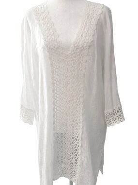 Blue Island White Crochet Swim Cover Up Tunic Boho Beach Size Large
